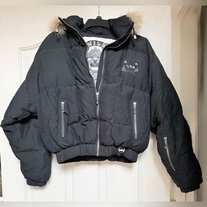 Vintage NILS Ski 550 Fill Down Puffer Bomber Jacket 8 Coyote Fur Trim Y2K